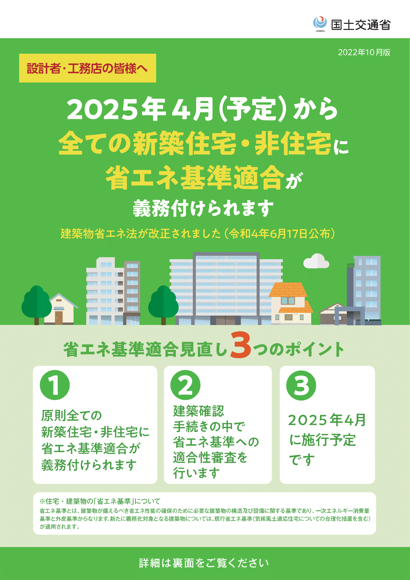 2025年4月(予定)から全ての新築住宅・非住宅に省エネ基準適合が義務付けられますと記載されているポスター